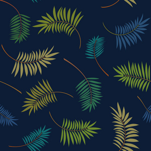 多彩的热带棕榈叶在深蓝色的背景上。矢量时尚无缝模式