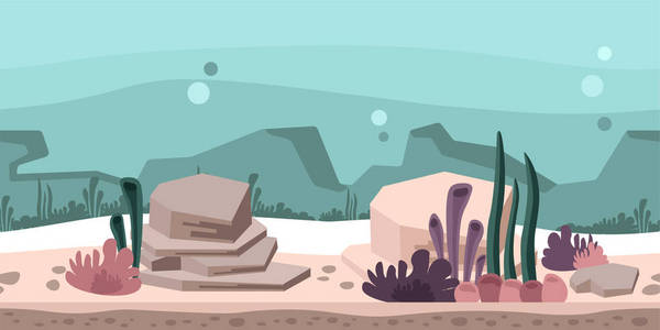 无缝无休止的背景的游戏或动画。与岩石 海藻和珊瑚的水下世界。准备好了的视差矢量图