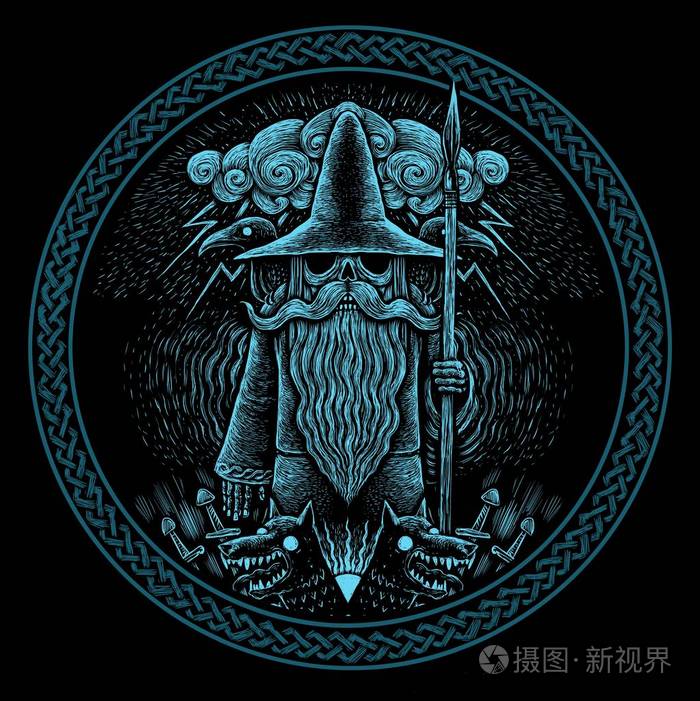 维京人神奥丁与矛乌鸦