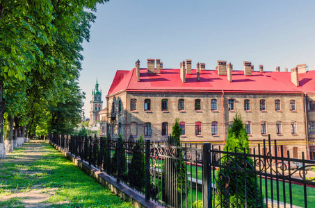 在夏季在乌克兰利沃夫市老城区的城市景观背景