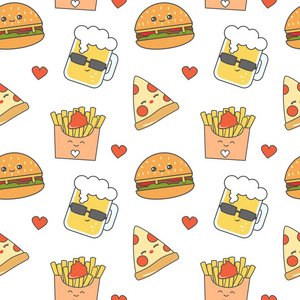 可爱的卡通快餐无缝矢量模式背景图和吉士汉堡 比萨 玻璃啤酒和炸薯条