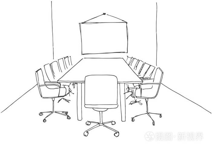 在素描风格的会议室.手画的办公桌,办公椅.矢量图