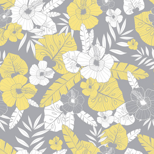 矢量浅黄色和灰色画热带夏季夏威夷无缝图案用热带植物 树叶和芙蓉花。伟大的度假主题织物，壁纸，包装