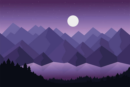 卡通矢量插画的山地景观湖或身后密林下戏剧性紫色的天空，星星和月亮与表面上反射的河