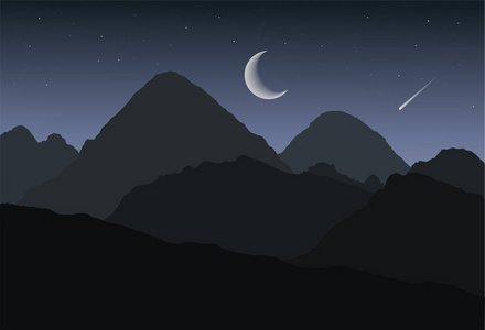 在冬季或夏季夜幕下暗灰色的天空，星星 新月与流星动漫山地景观和山谷的全景   矢量