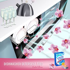 兰花香洗碗机洗涤剂标签广告。矢量和洗碗机在厨房的柜台和洗涤剂包现实的例证。海报