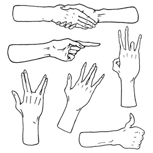 手势武器站 棕榈 竖起拇指 手指指针，好的喜欢和祈祷或握手，拳头和和平或岩石 n 卷。刻的手绘在旧的素描样式，复刻的情感和