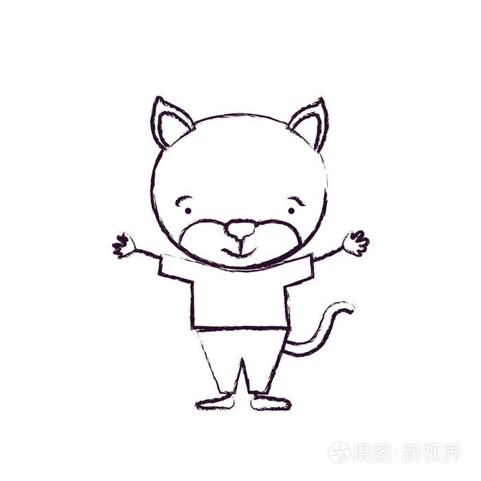 模糊的轮廓漫画的可爱猫咪宁静表达与衣服的手
