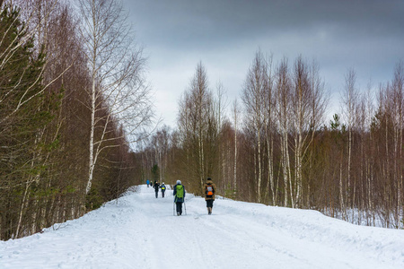 在冰雪覆盖的森林旅游的游客一小群