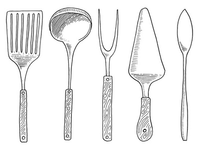 热，鱼子酱，吃些点心，鲱鱼或勺子叉子的抹刀。厨师和厨房用具，烹饪菜单装饰的东西。旧的素描和复古风格绘制的刻的手