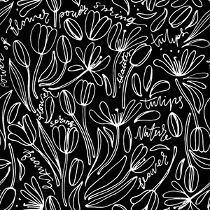 花卉的老式手工绘制的无缝模式。手绘抽象奇特的花。民间绘画风格。夏季盛开的装饰品。单色背景。可重复的背景