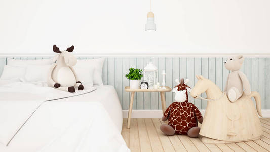 长颈鹿与驯鹿和熊娃娃在孩子的房间或卧室 3d 渲染