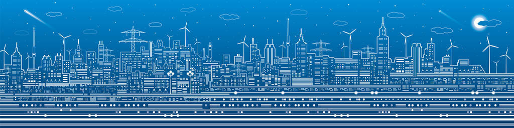 晚市全景，城镇基础设施图 摩天轮 现代的天际线，蓝色背景，矢量设计艺术上的白线
