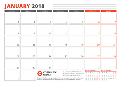 2018 年的日历模板。1 月。商务策划师 2018年模板。文具设计。周从星期一开始。在页面上的 3 个月。矢量图