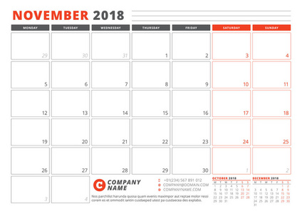 2018 年的日历模板。11 月。商务策划师 2018年模板。文具设计。周从星期一开始。在页面上的 3 个月。矢量图