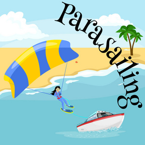 滑翔伞水极限运动背景，孤立的设计元素为暑假活动有趣的概念 卡通波冲浪 海海滩矢量插图，积极的生活方式冒险