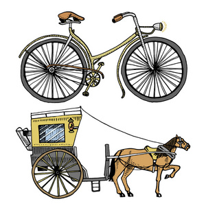 马车或教练和自行车 自行车或脚踏车。旅行的插图。刻的手绘在旧的素描样式，老式的运输
