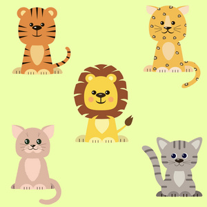 一套图标的一只猫，一只老虎，一只狮子，一只豹