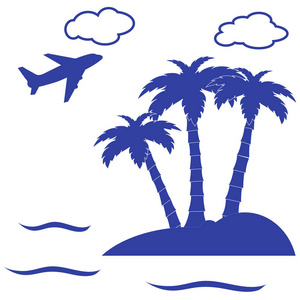 程式化的图标在海洋和飞岛上的棕榈树