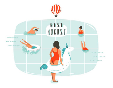 手工绘制的矢量抽象卡通夏天时的乐趣与幸福的家庭，在游泳池和现代印刷术的插图报价最佳八月孤立在白色背景