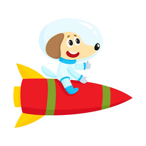 可爱的小狗，小狗的宇航员，太空人字符骑火箭
