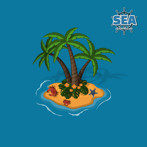 热带岛屿与棕榈树 螃蟹和海星。在等距风格的热带。手机游戏