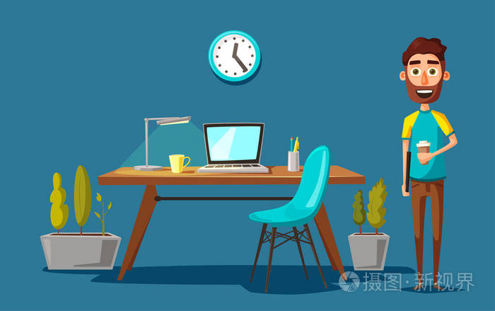 现代工作场所.创造性的人格.办公室工作.卡通矢量图