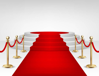 现实的矢量红事件地毯 黄金壁垒和孤立在白色背景上的白色楼梯。设计模板，在 Eps10 中的剪贴画
