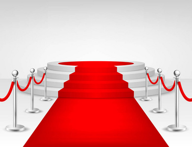 现实的矢量红事件地毯 银壁垒和孤立的白色背景上的白色楼梯。设计模板，在 Eps10 中的剪贴画
