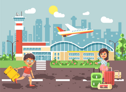 矢量图卡通人物晚男孩运行到小黑发女孩站在机场，离开飞机，等待旅行旅行假期周末平面样式城市背景下的袋行李箱