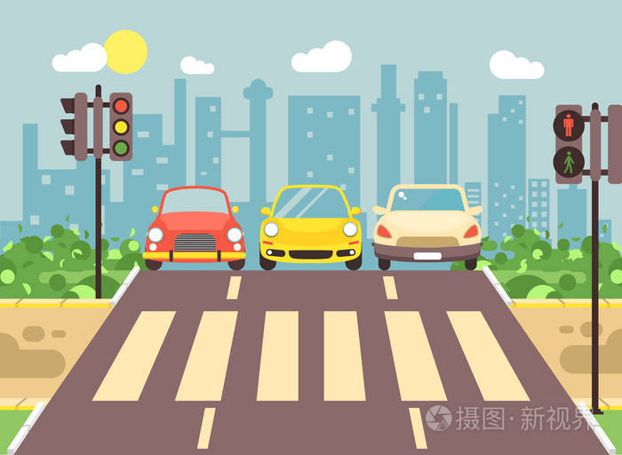矢量图的路边卡通风景与巷道, 道路, 人行道和过境平面样式城市背景