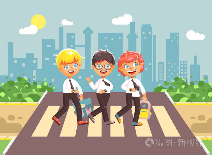 矢量图卡通人物儿童,遵守交通规则,男孩男生,学生去马路行人专用区,对