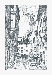 在欧洲小镇在意大利佛罗伦萨的场景街道。刻的手绘在旧素描和复古的风格。建筑物，全景视图的历史建筑。旅行明信片。旧宫