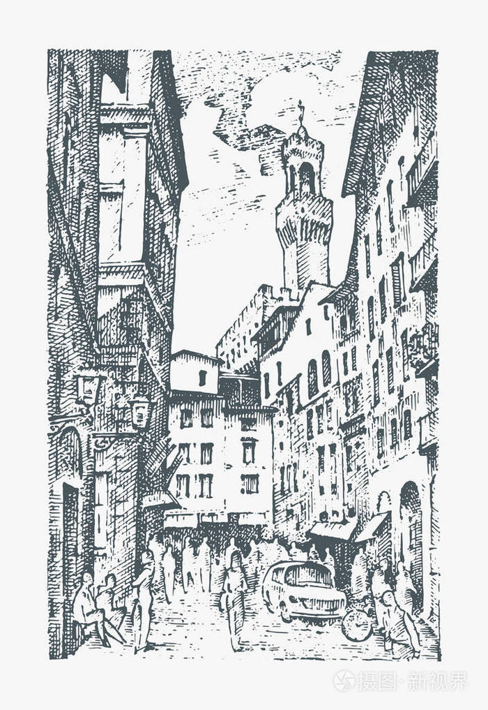刻的手绘在旧素描和复古的风格.建筑物,全景视图的历史建筑.