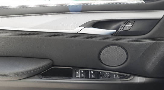 车门内豪华现代车的黑色皮革处理和切换按钮控制现代汽车内饰细节