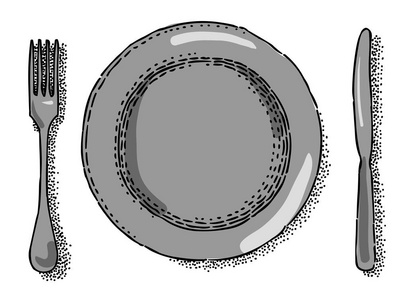 卡通形象的盘 叉 刀图标。餐厅符号