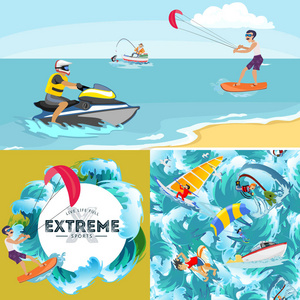 集水极限运动背景 孤立的设计元素为暑假活动有趣的概念，卡通波冲浪，海海滩矢量插图，积极的生活方式冒险