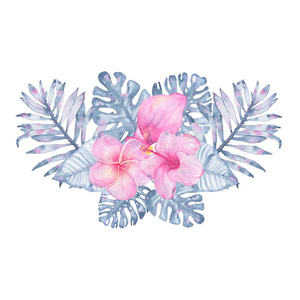 水彩手绘热带花卉花束粉色马蹄莲芙蓉鸡蛋花和叶子的靛蓝棕榈龟背竹