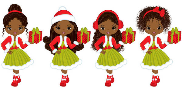 矢量小非洲裔美国女孩与圣诞礼物