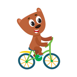 可爱小熊的字符骑自行车，骑自行车，拿着车把