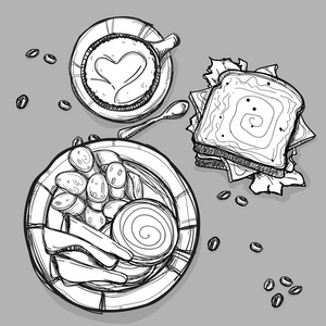 食品早餐香肠火腿咖啡夹心设置绘图图形说明对象
