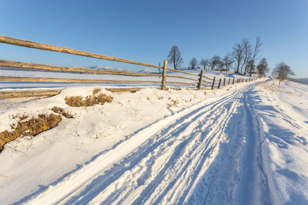 冬季景观。路上覆盖着雪