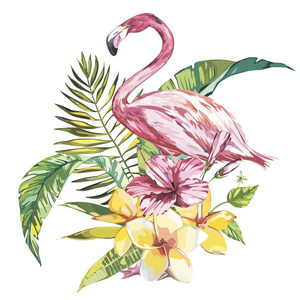 热带花卉和叶子的火烈鸟。设计的邀请 电影海报 织物和其他对象的元素。上白孤立。矢量 Eps 10