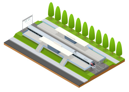 向量等距的信息图表元素铁路站建设终端。城际列车。建筑立面火车站公共列车站旅客列车 平台 相关的基础设施