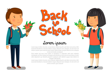 矢量男生和女生背对学校文本模板。快乐的男孩和女孩背着背包为他们的老师拿着花束的场面。小学的学生。平的卡通