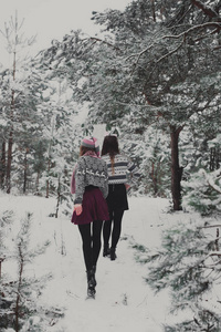 两个年轻的少女时髦女孩朋友在一起。关闭了时尚肖像的两姐妹拥抱和乐趣，走在冬天时间森林，穿着粉红色的帽子，兔耳和毛衣，最好的朋友凑