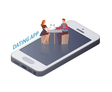 移动约会应用程序的概念。对年轻的夫妇，男人和女人对智能手机屏幕上的日期。矢量图，白上孤立