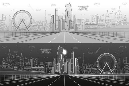 宽阔的公路。城市基础设施图全景，未来的城市背景 现代建筑 摩天轮。飞机飞行。白色和灰色的线，白天和黑夜的场景，矢量设计艺术