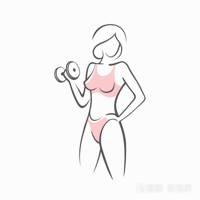 在健身房运动合适的女人.一个美丽性感的女孩与哑铃在