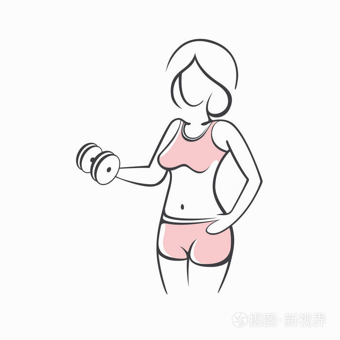 在健身房运动合适的女人.一个美丽性感的女孩与哑铃在